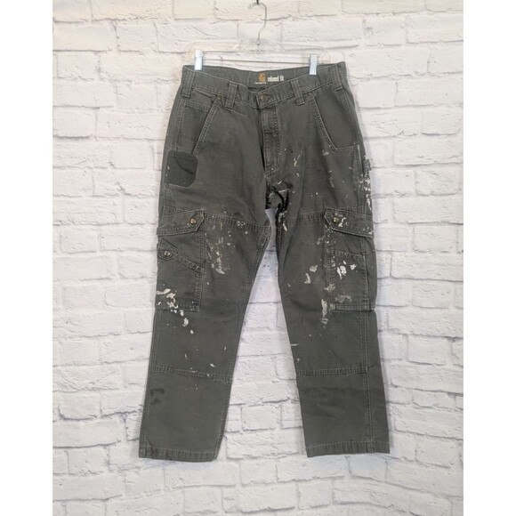 Carhartt Men's Green Relaxed Fit Cargo Pants Size 34x29 THRASHED painted worn - Picture 1 of 9
